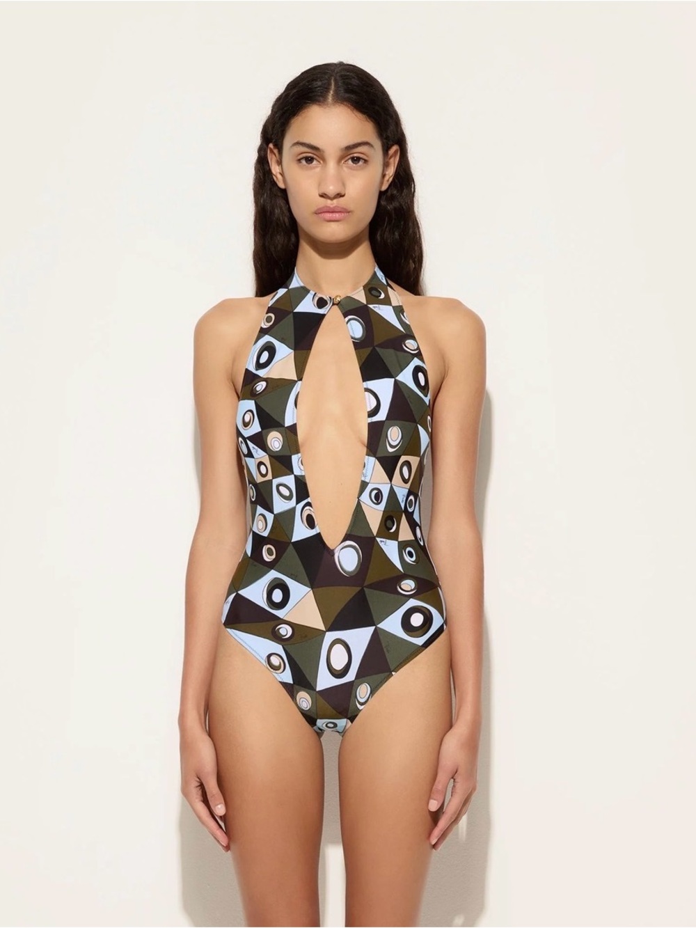 Emilio Pucci Deep V Halter One-Piece Swimsuit in Olive & Light Blue
